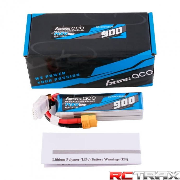 Gens Ace 900mAh 14.8V 80C 4S1P Lipo Battery Pack with XT60 plug