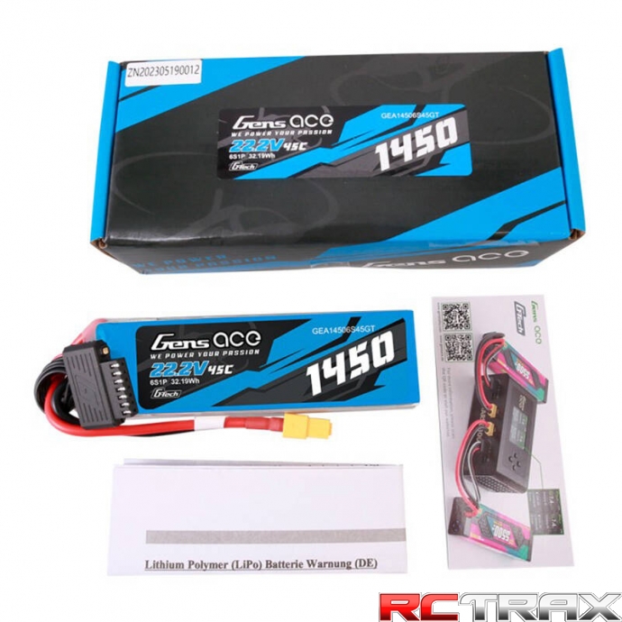 Gens Ace G-Tech 1450mAh 22.2V 45C 6S1P Lipo Battery Pack with XT60 Plug