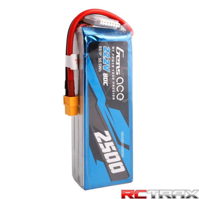 Gens ace 2500mAh 22.2V 80C 6S1P Lipo Battery Pack with XT60 plug