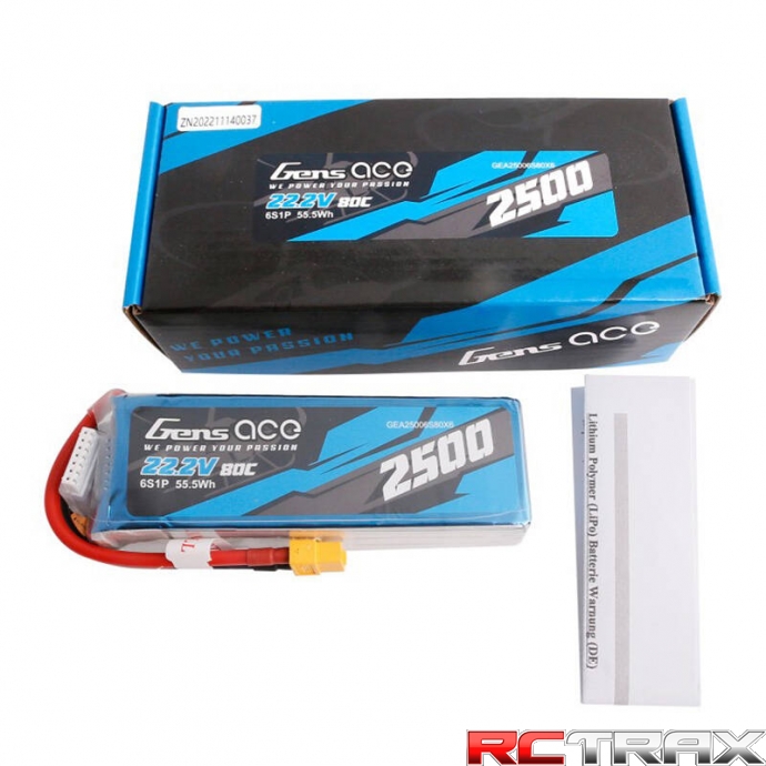 Gens ace 2500mAh 22.2V 80C 6S1P Lipo Battery Pack with XT60 plug