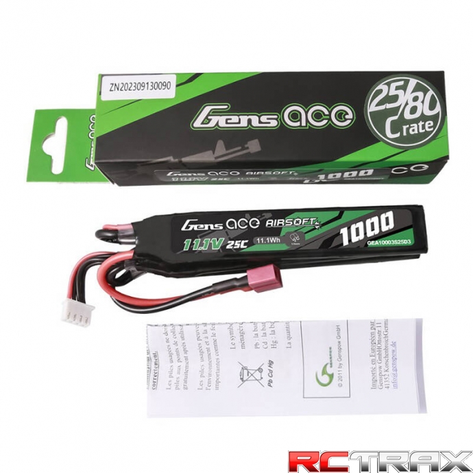 Gens ace 25C 1000mAh 3S1P 11.1V Nunchuck 3X Airsoft Gun Lipo Battery with T Plug