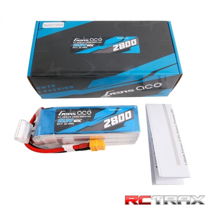 Gens ace 2800mAh 22.2V 60C 6S1P Lipo Battery Pack with XT60 plug