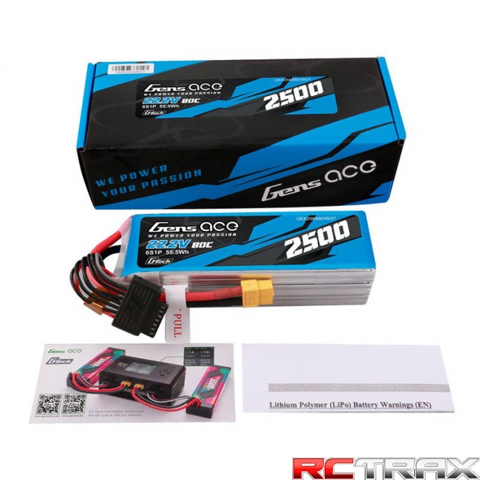 Gens ace G-Tech 2500mAh 22.2V 80C 6S1P Lipo Battery Pack with XT60 plug