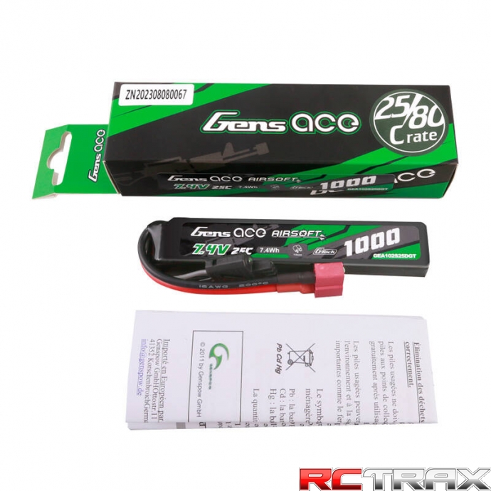 Gens ace G-Tech 25C 1000mAh 2S1P 7.4V Airsoft Gun Lipo Battery with T Plug
