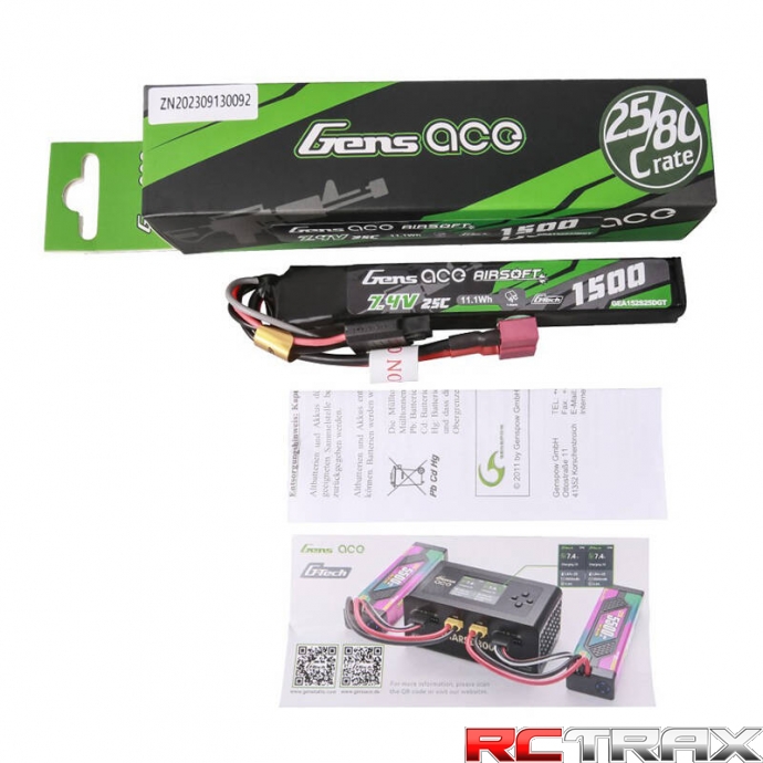 Gens ace G-Tech 25C 1500mAh 2S1P 7.4V Airsoft Gun Lipo Battery with T Plug