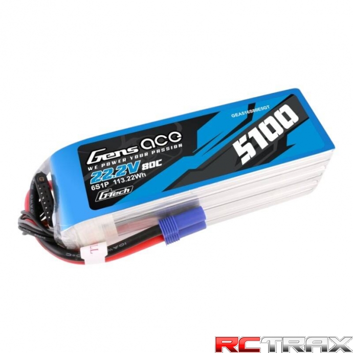 Gens ace G-Tech 5100mAh 80C 22.2V 6S1P Lipo Battery Pack with EC5 plug