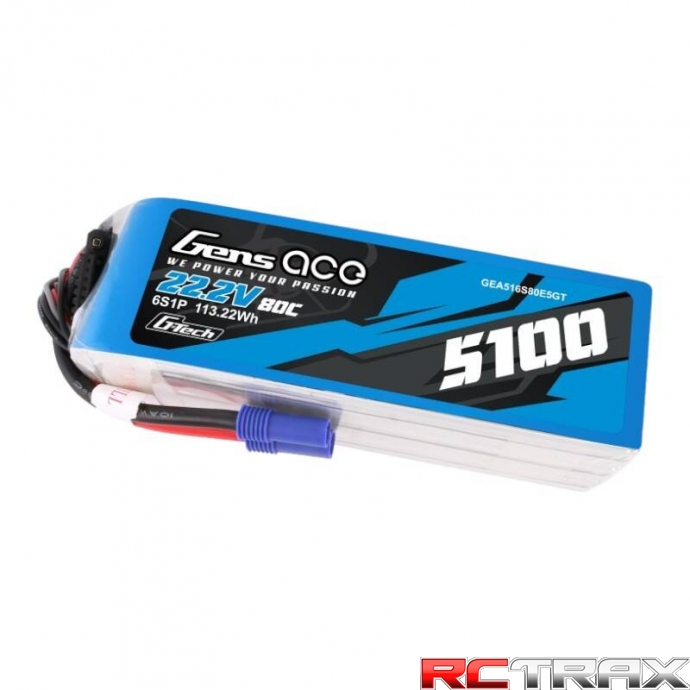 Gens ace G-Tech 5100mAh 80C 22.2V 6S1P Lipo Battery Pack with EC5 plug