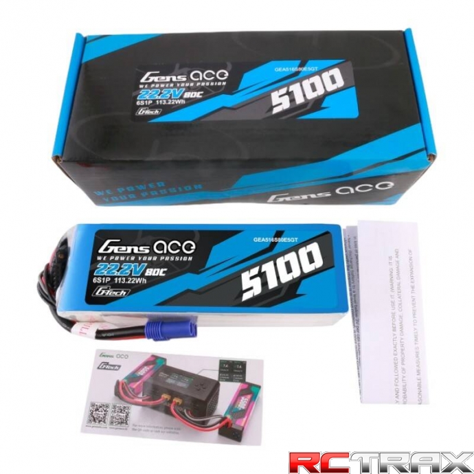 Gens ace G-Tech 5100mAh 80C 22.2V 6S1P Lipo Battery Pack with EC5 plug