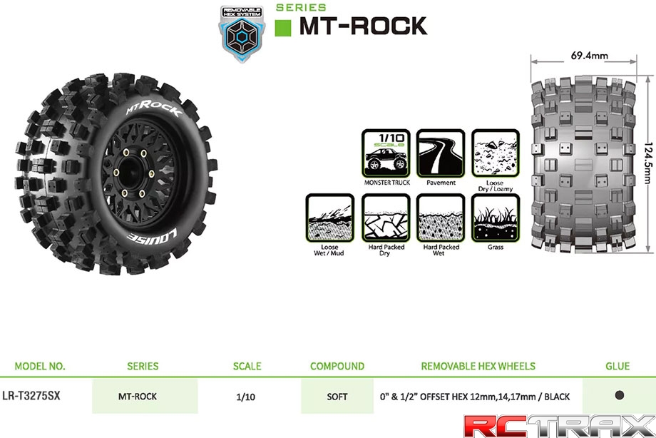 Louise RC LR-T3275SX MT-ROCK 1-10 Monster Truck Tire Mounted Black Wheels Removable HEX 12 Narrow, 12 Wide, 14, 17mm