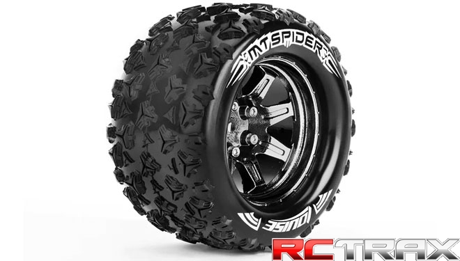 Hex 14mm -Louise RC - MT-SPIDER - 1-10 Monster Truck Tire Set - Mounted - Sport - Black Chrome 2.8 Wheels -  L-T3203SBCM