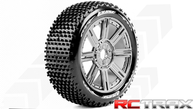 Hex 17mm  Louise RC  B-HORNET  1-8 Buggy Tire Set  Mounted  Soft  Black-Chrome Spoke Wheels   L-T3150SBC 2szt