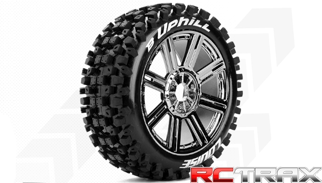 Hex 17mm  Louise RC  B-UPHILL  1-8 Buggy Tire Set  Mounted  Soft  Black-Chrome Spoke Wheels  L-T3271SBC 2szt
