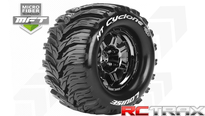 Hex 17mm  Louise RC  MFT  MT-CYCLONE  1-8 Monster Truck Tire Set  Mounted  Sport  Black Chrome 3.8 Bead Style Wheels  1/2-Offset   L-T3323BCH 2szt