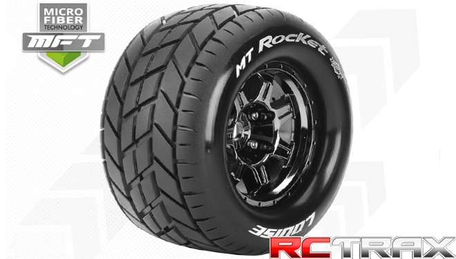 Hex 17mm  Louise RC  MFT  MT-ROCKET  1-8 Monster Truck Tire Set  Mounted  Sport  Black Chrome 3.8 Bead Style Wheels  1/2-Offset  L-T3320BCH 2szt