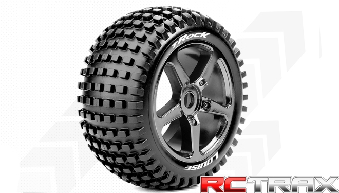 Hex 17mm  Louise RC  T-ROCK  1-8 Truggy Tire Set  Mounted  Soft  Black-Chrome Spoke Wheels  0-Offset  L-T3251SBC 2szt