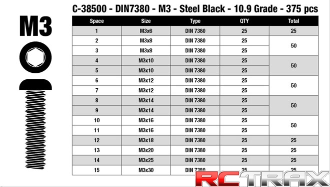 Team Corally zestaw śrub M3 DIN 7380 Steel Black - 10.9 twardość 15 rozmiarów 375 pcs