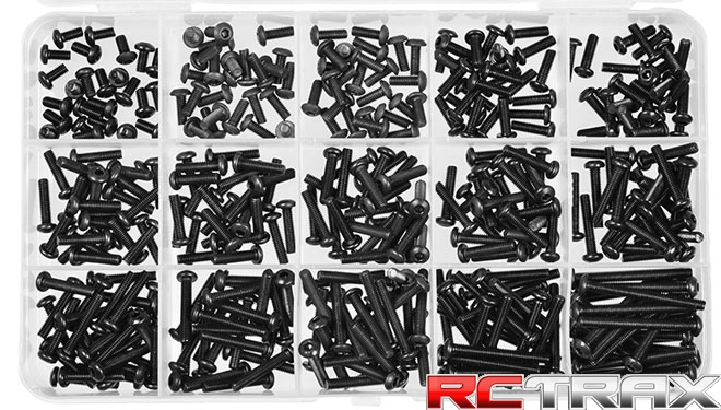 Team Corally zestaw śrub M3 DIN 7380 Steel Black - 10.9 twardość 15 rozmiarów 375 pcs