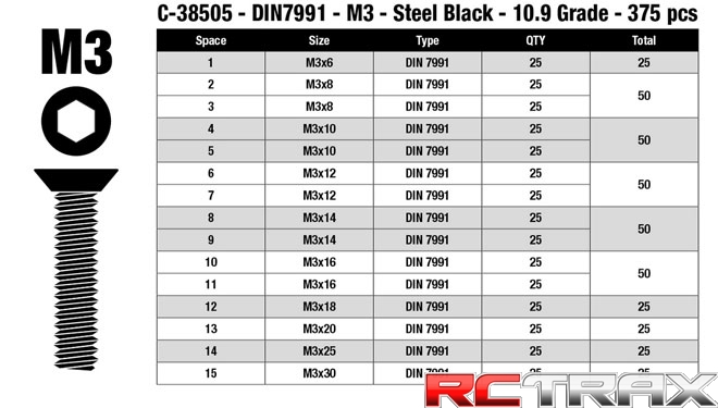 Team Corally zestaw śrub M3 DIN 7991 Steel Black 10.9 twardość 15 rozmiarów 375 pcs