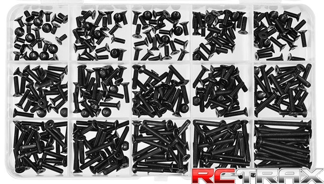 Team Corally zestaw śrub M3 DIN 7991 Steel Black 10.9 twardość 15 rozmiarów 375 pcs